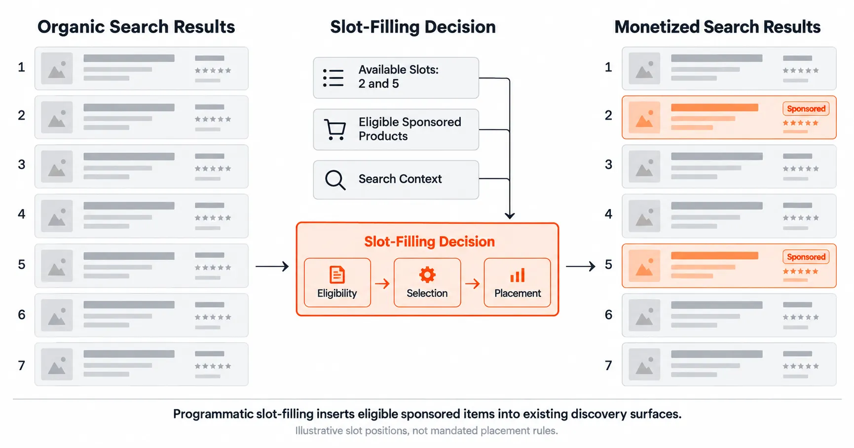 Programmatic marketplace slot-filling showing eligible sponsored listings selected for positions two and five in search results.
