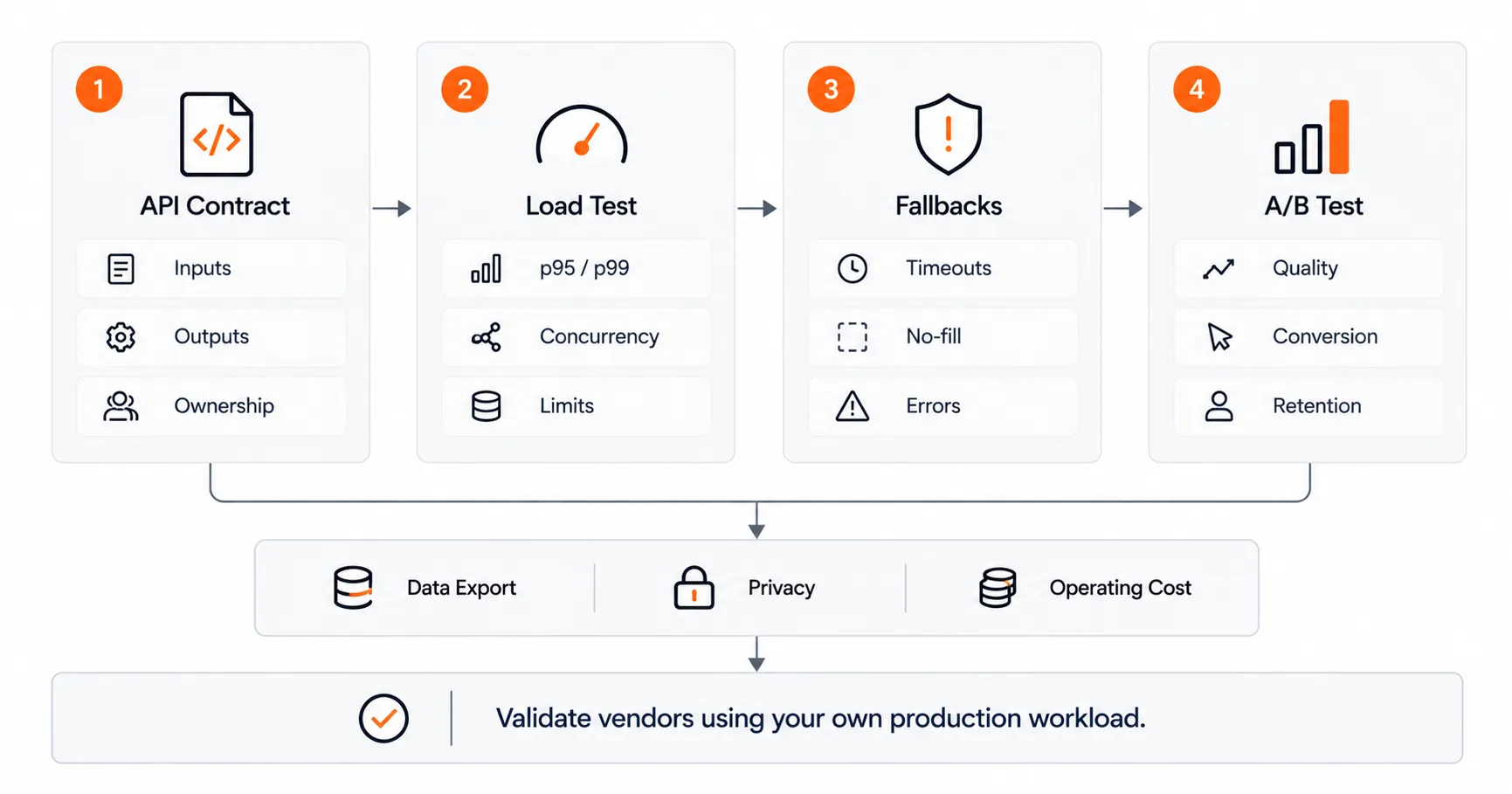 Four-stage CTO checklist for evaluating recommendation engine APIs, covering API contracts, latency testing, fallback handling, and A/B testing.