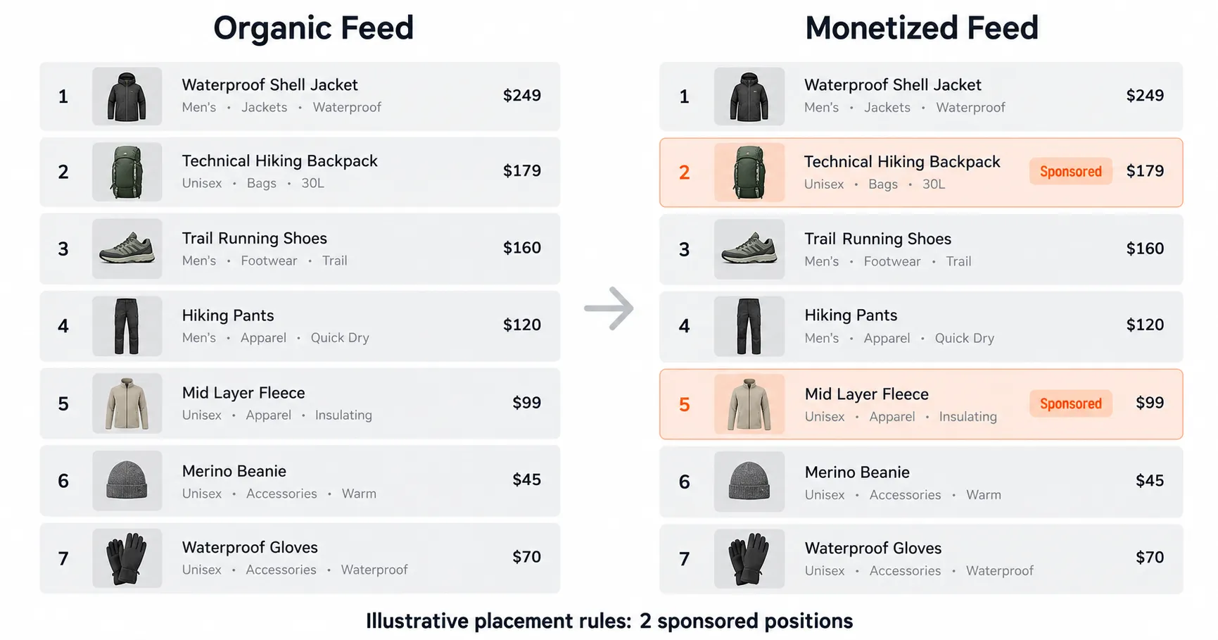 Comparison of an organic marketplace feed with a monetized feed containing sponsored listings in positions two and five.